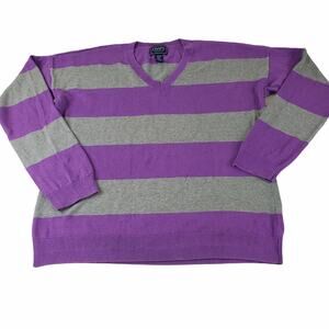 Chaps Classics Sweater Womens XL Striped V Neck Knit Purple Gray Long Sleeve